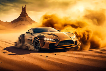 Obraz na płótnie Canvas a sports car shows smoke coming out in the desert, generative ai
