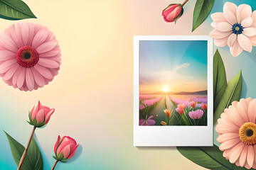A mockup of a blank polaroid photo frame, surrounded by soft pastel flowers, perfect for greeting cards and invitations