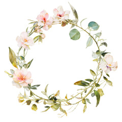 Obraz na płótnie Canvas Watercolor illustration of flower wreath, frame, Floral arrangment graphic for wedding invitations, card, logo design. Generative AI.