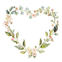 Obraz na płótnie Canvas Watercolor illustration of heart-shaped flower wreath, frame, Floral arrangment graphic for wedding invitations, card, logo design. Generative AI.