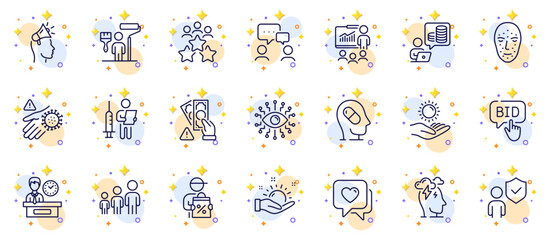Outline set of Vaccination announcement, Delivery discount and Depression treatment line icons for web app. Include People chatting, Stress, Face biometrics pictogram icons. Vector