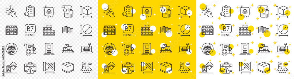 Poster outline inspect, delivery box and boxes shelf line icons pack for web with square area, gas station,