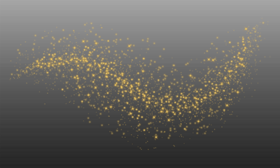 Glittering vector dust on a transparent background. Golden sparkling lights. Christmas Holiday glow particle. Magic star effect. Shine background. Festive party design. PNG image	