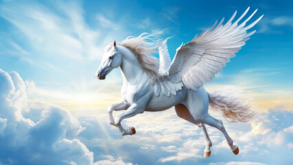 Plakat The majestic flight of the white pegasus. Generative AI