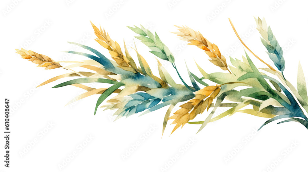 Sticker assemblage of wheat and jade abstract watercolor swashes isolated on a transparent background