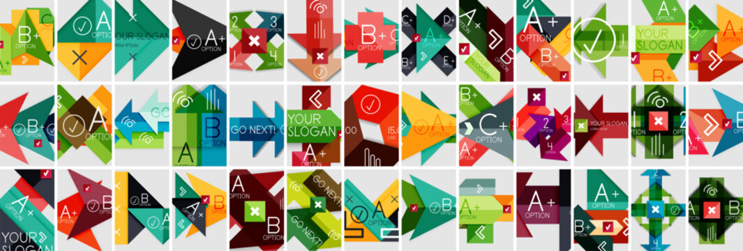 Mega collection of geometric arrow infographic banners. Abstract backgrounds bundle for wallpaper, banner, background, landing page, wall art, invitation, print, poster