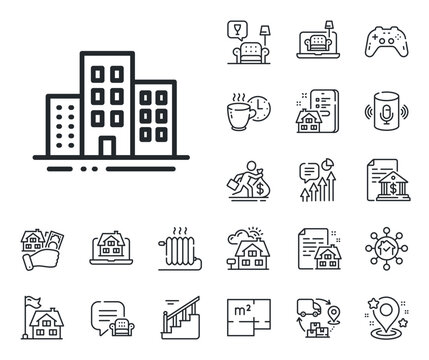 City apartments sign. Floor plan, stairs and lounge room outline icons. Buildings line icon. Architecture building symbol. Buildings line sign. House mortgage, sell building icon. Real estate. Vector
