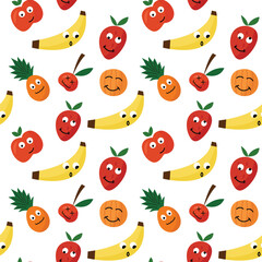 Crazy fruits faces colorful seamless pattern. Cartoon juicy funny illustrations for print.