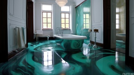 Fototapeta na wymiar Modern bathroom with spectacular epoxy resin floor which you will definitely not find in every house. Generative AI Technology 
