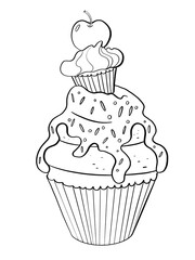 contour line illustration cartoon style sweet pastry confectioner cupcake with cherry and chocolate design element advertising print sticker coloring book