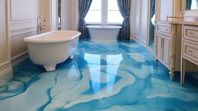 Modern bathroom with spectacular epoxy resin floor which you will definitely not find in every house. Generative AI Technology 