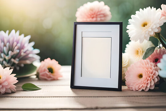 A mockup of a blank polaroid photo frame, surrounded by soft pastel flowers, perfect for greeting cards and invitations