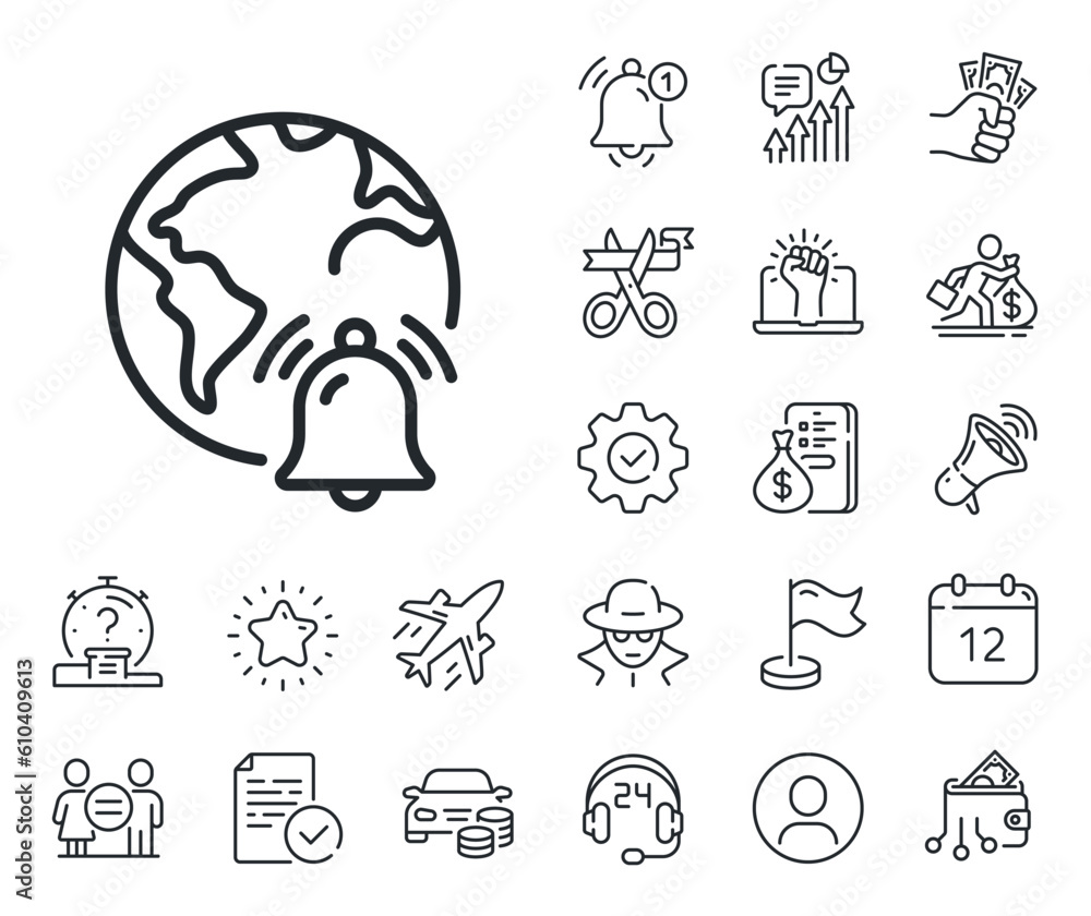 Poster alarm reminder sign. salaryman, gender equality and alert bell outline icons. internet notification 