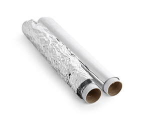 Rolls of aluminium foil on white background