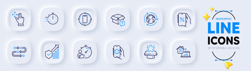 Discounts app, Timer and Cooking timer line icons for web app. Pack of Methodology, Security statistics, Smartphone target pictogram icons. Move gesture, Secret package, 3d app signs. Vector