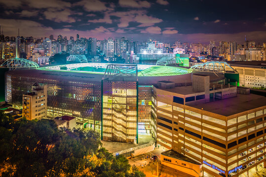 Sao Paulo, Brazil. Aerial view, Allianz Parque Stadium, Palestra Italia, Sociedade Esportiva Palmeiras, Sumaré neighborhood, west of Sao Paulo, city lights at night.