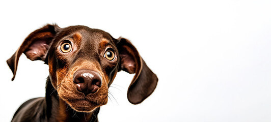 Funny puppy dog dachshund. Cute happy playful dog or pet isolated on white background. Cute, happy, crazy dog headshot smiling on white background with copy space.  © Viks_jin