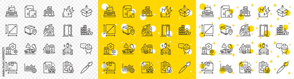 Poster outline send box, box size and operational excellence line icons pack for web with open door, fuel p