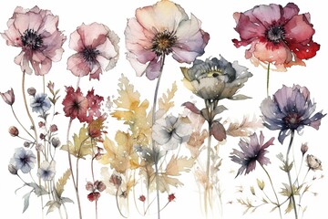 watercolor flowers isolated on white background. AI generated