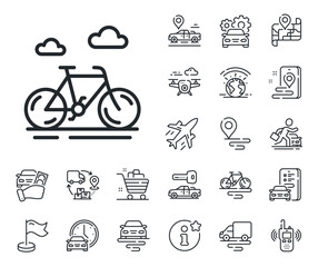 City bicycle transport sign. Plane, supply chain and place location outline icons. Bike line icon. Outdoor transportation symbol. Bike line sign. Taxi transport, rent a bike icon. Travel map. Vector