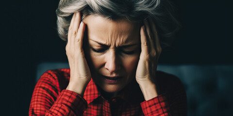 Beautiful adult woman suffering from headache desperate and stressed because pain and migraine. Hands on head. digital ai	