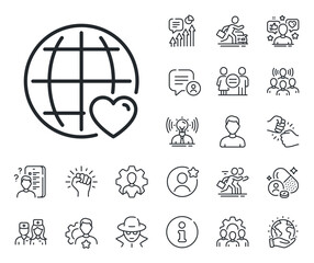 Heart with Globe symbol. Specialist, doctor and job competition outline icons. International Love line icon. Valentines day sign. International Love line sign. Vector