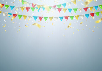 Garland flag with falling confetti. Celebration background for party, carnival, birthday or presentation. Vector illustration.