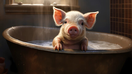 Little piglet washing. Generative AI