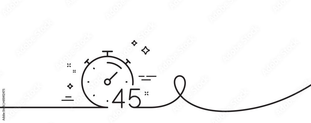 Poster timer 45 minutes line icon. continuous one line with curl. stopwatch time sign. countdown clock symb