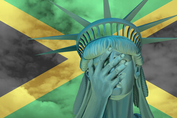 Statue of Liberty. Facepalm emoji on background in colors of Jamaica flag - obrazy, fototapety, plakaty