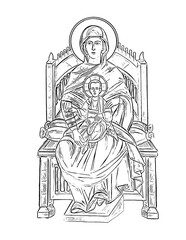 St. Maria with kind- Jesus sitting on the throne. Illustration in Byzantine style. Coloring page on white background
