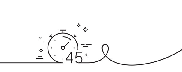 Timer 45 minutes line icon. Continuous one line with curl. Stopwatch time sign. Countdown clock symbol. Timer single outline ribbon. Loop curve pattern. Vector