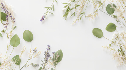 White background with delicate plants and lavender, rustic banner with copy space for wedding invitation, card, website. Generative AI.