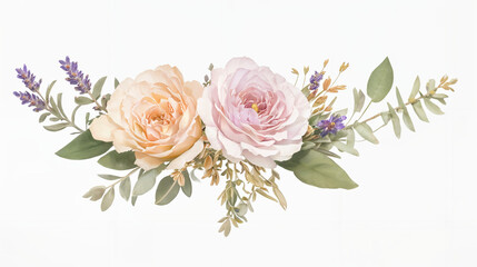 Watercolor style roses on white background, vintage graphic for wedding invitation, card, banner. Generative AI.
