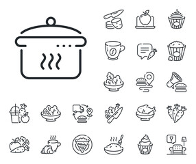 Cooking sign. Crepe, sweet popcorn and salad outline icons. Boiling pan line icon. Food preparation symbol. Boiling pan line sign. Pasta spaghetti, fresh juice icon. Supply chain. Vector