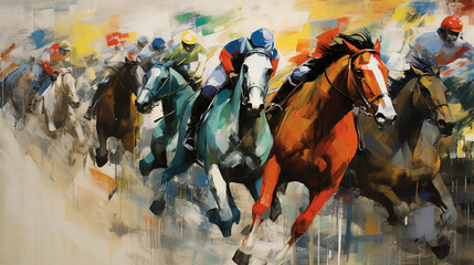 Fototapeta na wymiar Modern mid century, Neo-expressionism of the horse race, Kentucky Derby, Bet, sport, print, painting concept. Generative AI