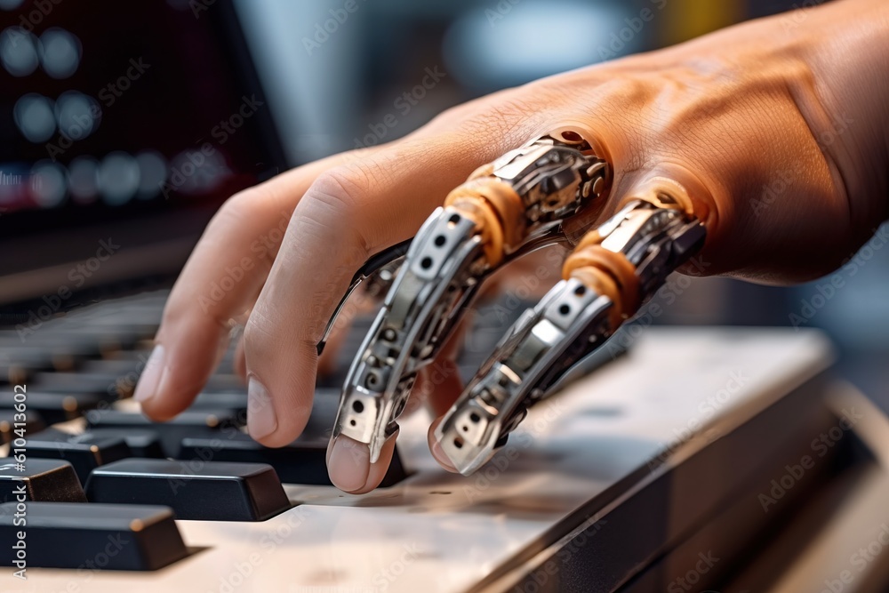 Poster a man with a prosthetic hand is typing on a computer keyboard. close-up. generative ai. high quality