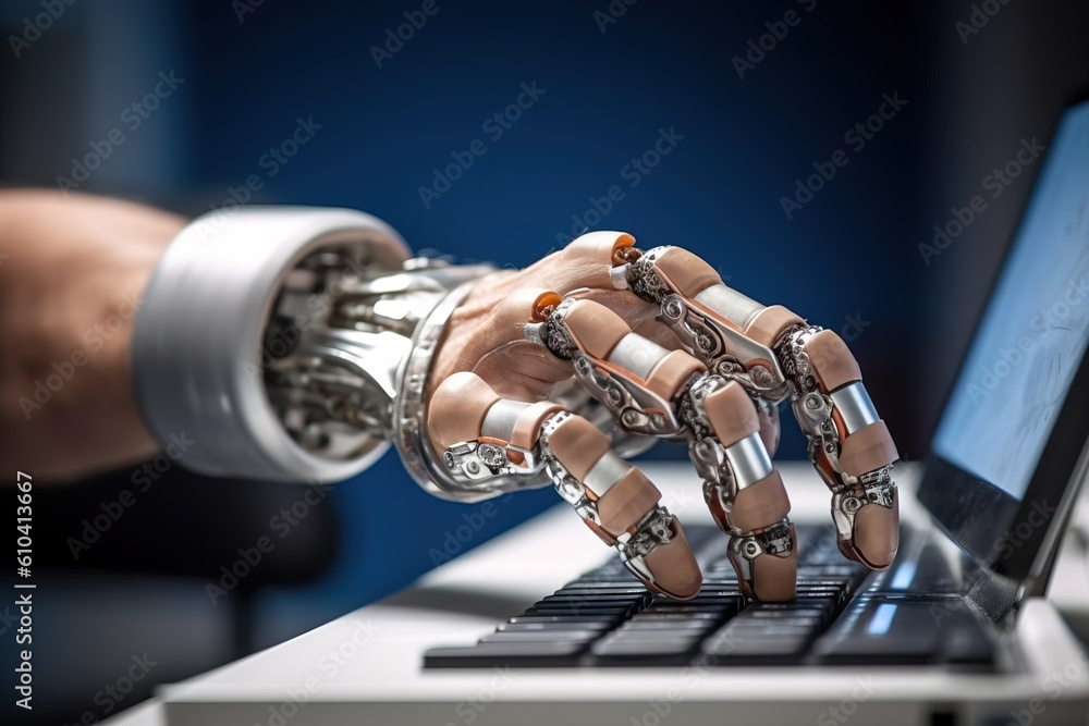 Aufkleber a man with a prosthetic hand is typing on a computer keyboard. close-up. generative ai. high quality