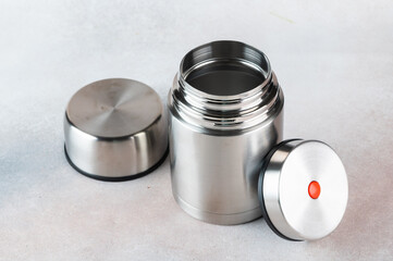 Metal thermos for food. Food thermos. Container for food. Food packaging. Camping device. Tourist lunchbox