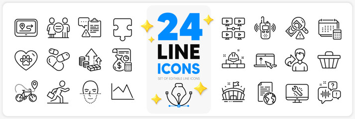 Icons set of Accounting, Fraud and Pets care line icons pack for app with Voicemail, Arena, Internet document thin outline icon. Capsule pill, Equality, Businessman run pictogram. Vector