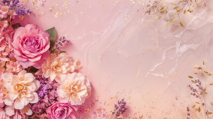 Pastel pink background with roses, flowers. Banner with copy space for wedding invitation, website header, Women's Day, Mother's Day. Top down, flat-lay. Generative AI.
