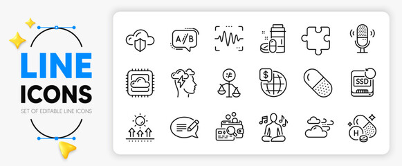 Voice wave, Cloud computing and Yoga music line icons set for app include Vitamin h, Inspect, Puzzle outline thin icon. Recovery ssd, Microphone, Cloud protection pictogram icon. Vector