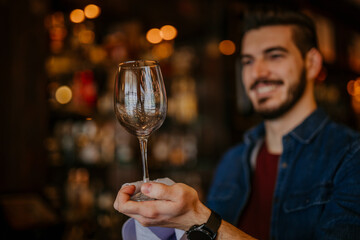 Smiling handsome barmen gleaning a wine glass in the restaurant.
