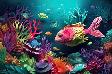 Magical underwater world papercut illustration - Generative AI.