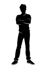 Young man silhouette with his arms crossed wearing casual clothes isolated on white background