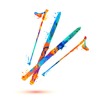 Ski poles with cross-country skis symbol. Vector icon of splash paint