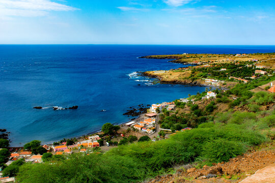Aerial view of Tarrafal beach in Praia, Santiago island in Cape Verde
