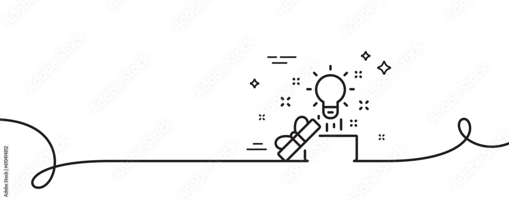 Poster out of the box line icon. continuous one line with curl. creativity sign. gift box with idea symbol.
