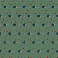 Seamless pattern with hedgehogs and berries on a green background