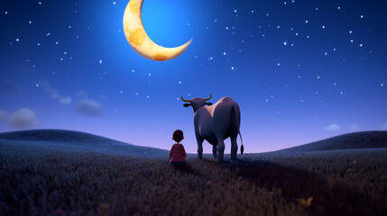 3d cute bull and a muslim boy gazing at the crescent, eid ul azha celebration festival